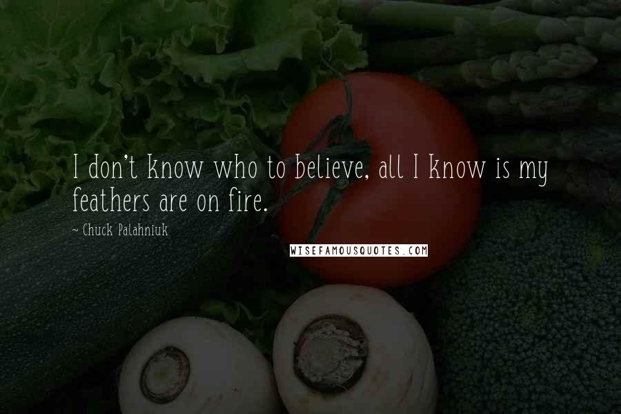 Chuck Palahniuk Quotes: I don't know who to believe, all I know is my feathers are on fire.