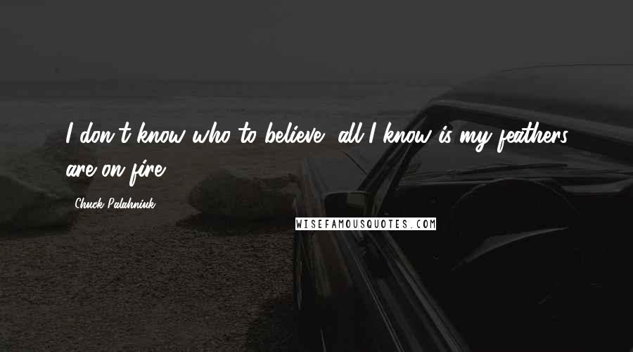 Chuck Palahniuk Quotes: I don't know who to believe, all I know is my feathers are on fire.