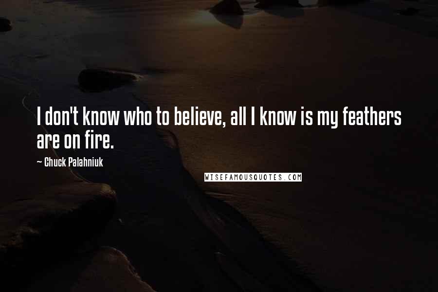 Chuck Palahniuk Quotes: I don't know who to believe, all I know is my feathers are on fire.