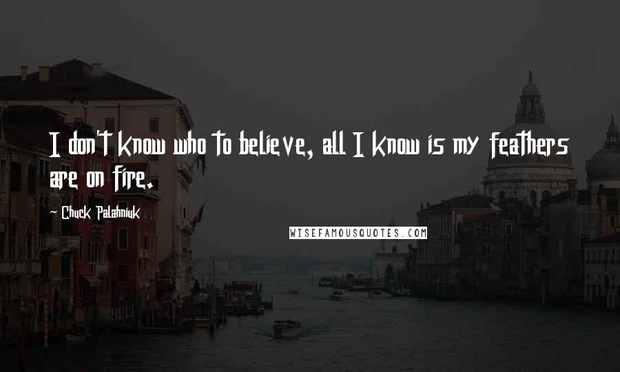 Chuck Palahniuk Quotes: I don't know who to believe, all I know is my feathers are on fire.