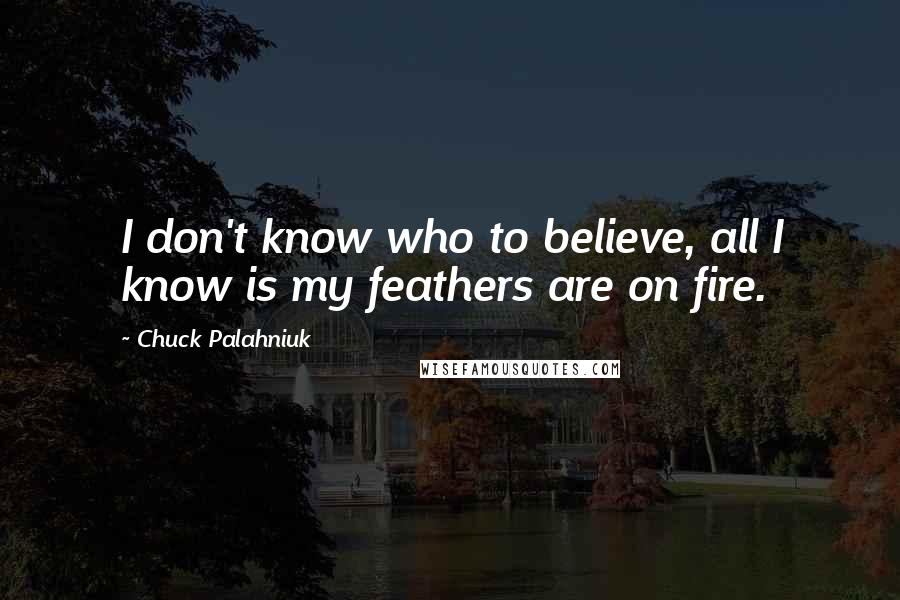 Chuck Palahniuk Quotes: I don't know who to believe, all I know is my feathers are on fire.