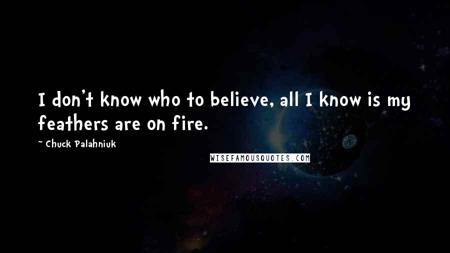 Chuck Palahniuk Quotes: I don't know who to believe, all I know is my feathers are on fire.
