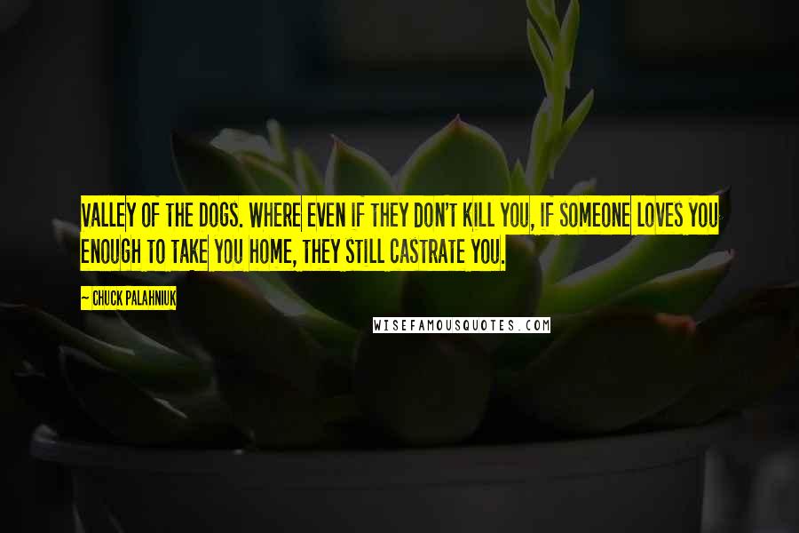 Chuck Palahniuk Quotes: Valley of the Dogs. Where even if they don't kill you, if someone loves you enough to take you home, they still castrate you.