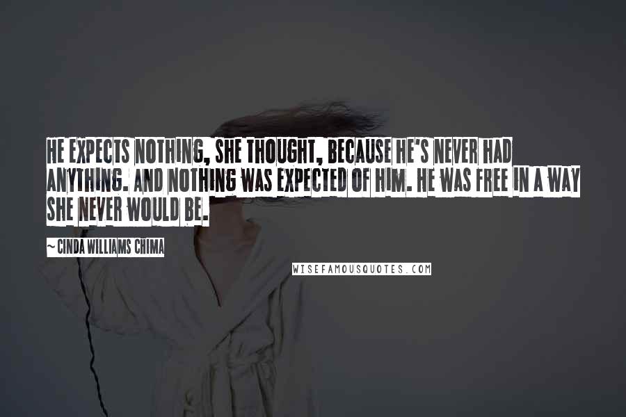 Cinda Williams Chima Quotes: He expects nothing, she thought, because he's never had anything. And nothing was expected of him. He was free in a way she never would be.