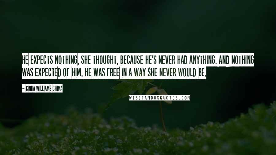 Cinda Williams Chima Quotes: He expects nothing, she thought, because he's never had anything. And nothing was expected of him. He was free in a way she never would be.