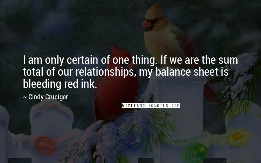 Cindy Cruciger Quotes: I am only certain of one thing. If we are the sum total of our relationships, my balance sheet is bleeding red ink.