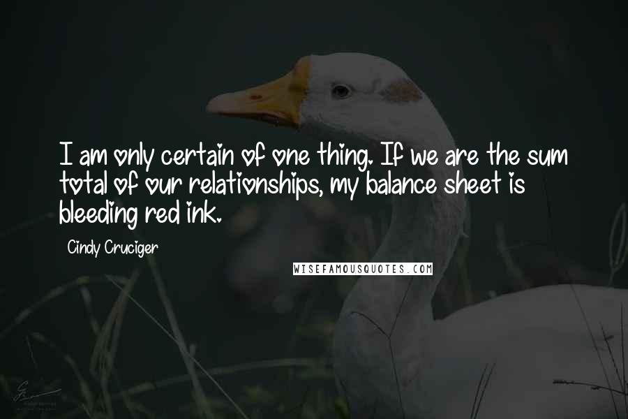 Cindy Cruciger Quotes: I am only certain of one thing. If we are the sum total of our relationships, my balance sheet is bleeding red ink.