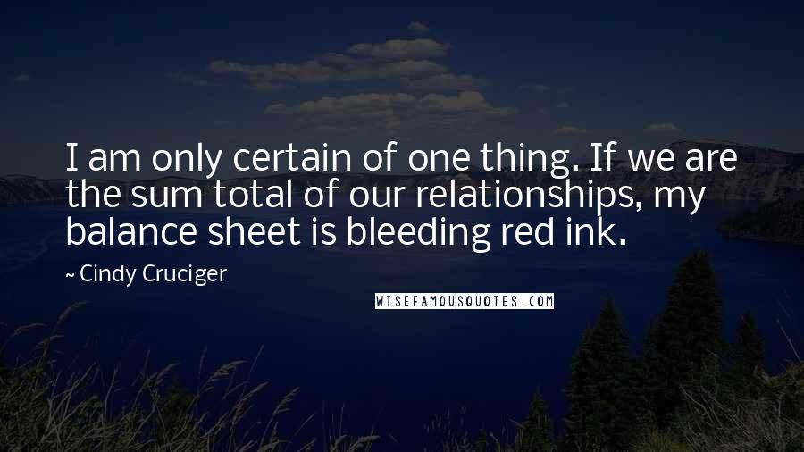 Cindy Cruciger Quotes: I am only certain of one thing. If we are the sum total of our relationships, my balance sheet is bleeding red ink.