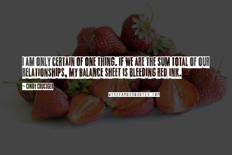 Cindy Cruciger Quotes: I am only certain of one thing. If we are the sum total of our relationships, my balance sheet is bleeding red ink.