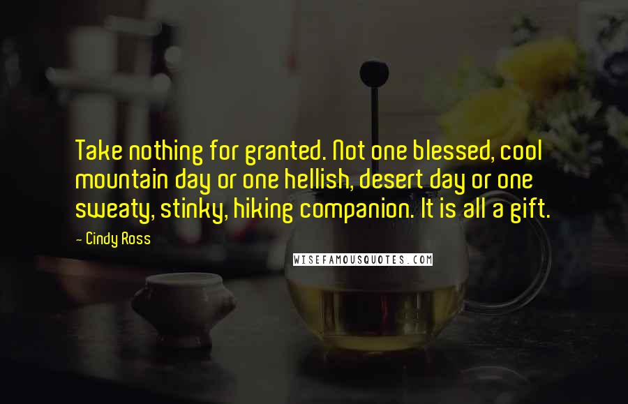 Cindy Ross Quotes: Take nothing for granted. Not one blessed, cool mountain day or one hellish, desert day or one sweaty, stinky, hiking companion. It is all a gift.