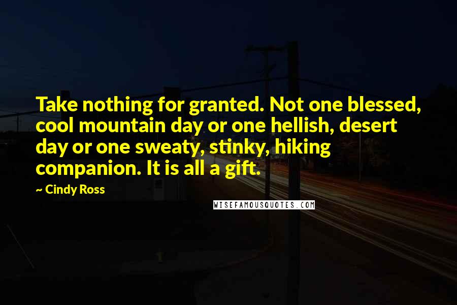 Cindy Ross Quotes: Take nothing for granted. Not one blessed, cool mountain day or one hellish, desert day or one sweaty, stinky, hiking companion. It is all a gift.
