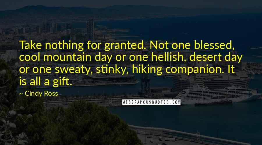 Cindy Ross Quotes: Take nothing for granted. Not one blessed, cool mountain day or one hellish, desert day or one sweaty, stinky, hiking companion. It is all a gift.