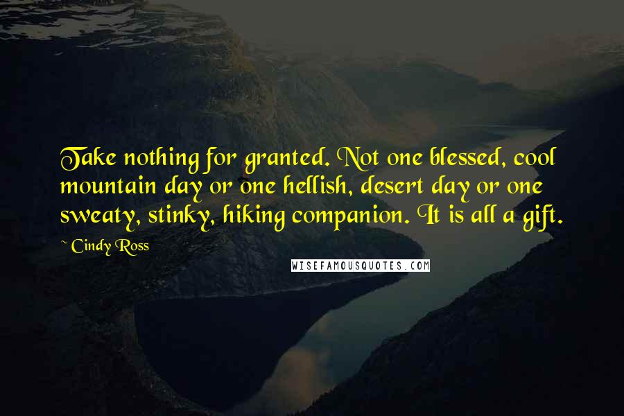 Cindy Ross Quotes: Take nothing for granted. Not one blessed, cool mountain day or one hellish, desert day or one sweaty, stinky, hiking companion. It is all a gift.