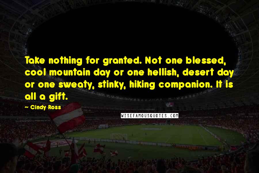 Cindy Ross Quotes: Take nothing for granted. Not one blessed, cool mountain day or one hellish, desert day or one sweaty, stinky, hiking companion. It is all a gift.