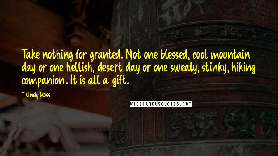 Cindy Ross Quotes: Take nothing for granted. Not one blessed, cool mountain day or one hellish, desert day or one sweaty, stinky, hiking companion. It is all a gift.