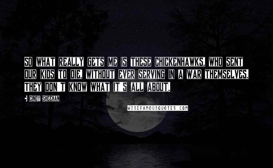 Cindy Sheehan Quotes: So what really gets me is these chickenhawks, who sent our kids to die, without ever serving in a war themselves. They don't know what it's all about.