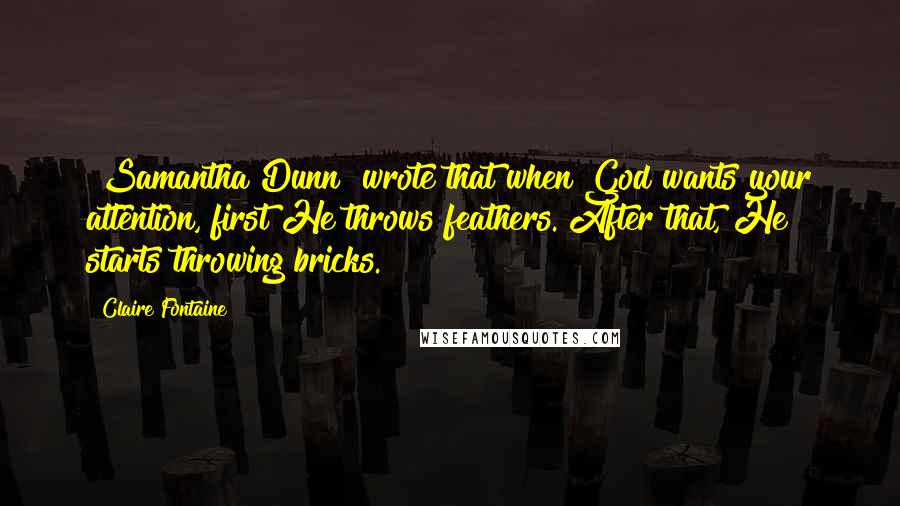 Claire Fontaine Quotes: [Samantha Dunn] wrote that when God wants your attention, first He throws feathers. After that, He starts throwing bricks.