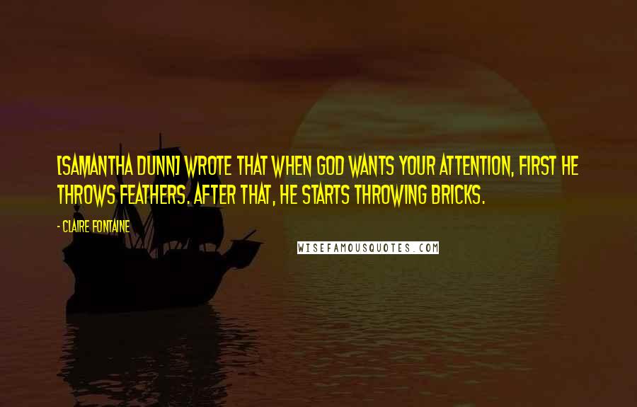 Claire Fontaine Quotes: [Samantha Dunn] wrote that when God wants your attention, first He throws feathers. After that, He starts throwing bricks.