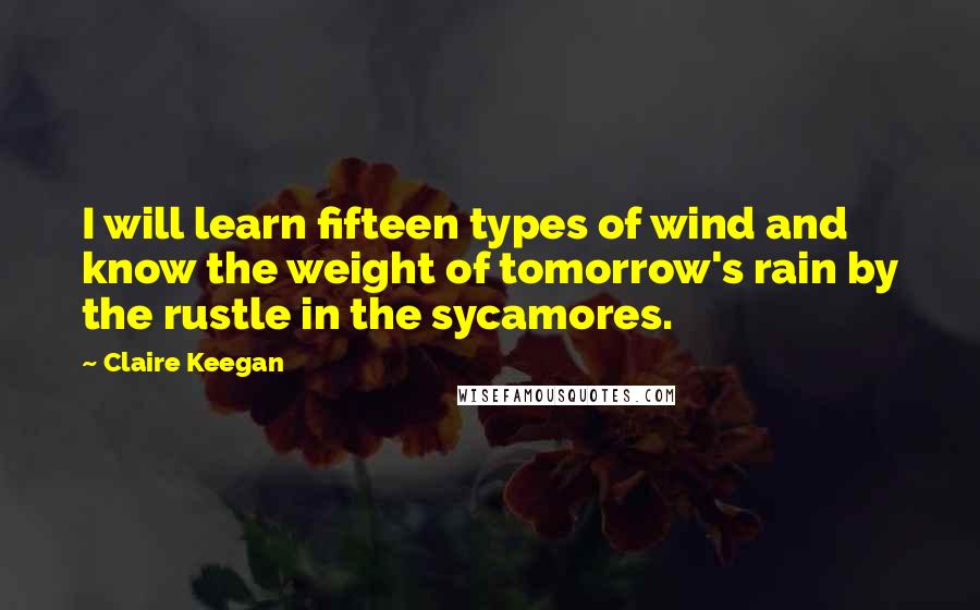Claire Keegan Quotes: I will learn fifteen types of wind and know the weight of tomorrow's rain by the rustle in the sycamores.