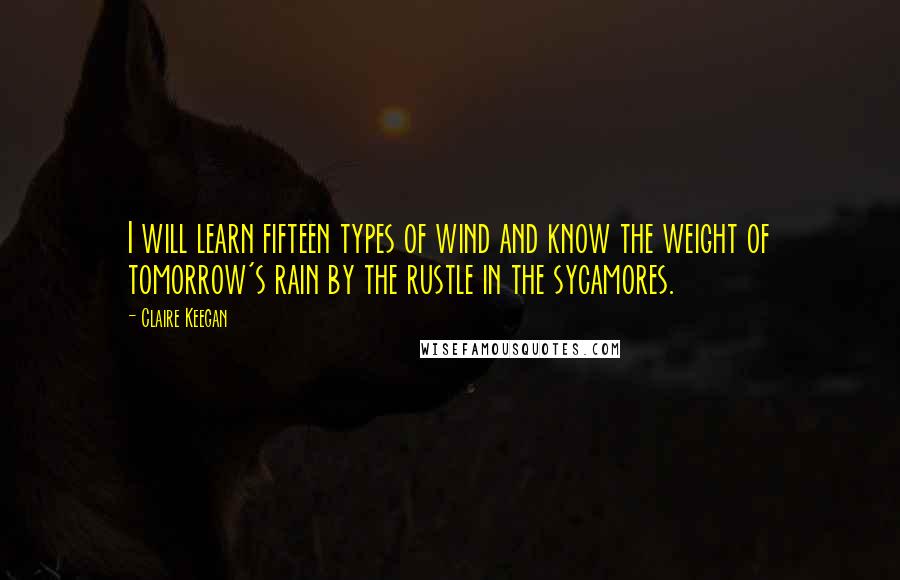 Claire Keegan Quotes: I will learn fifteen types of wind and know the weight of tomorrow's rain by the rustle in the sycamores.