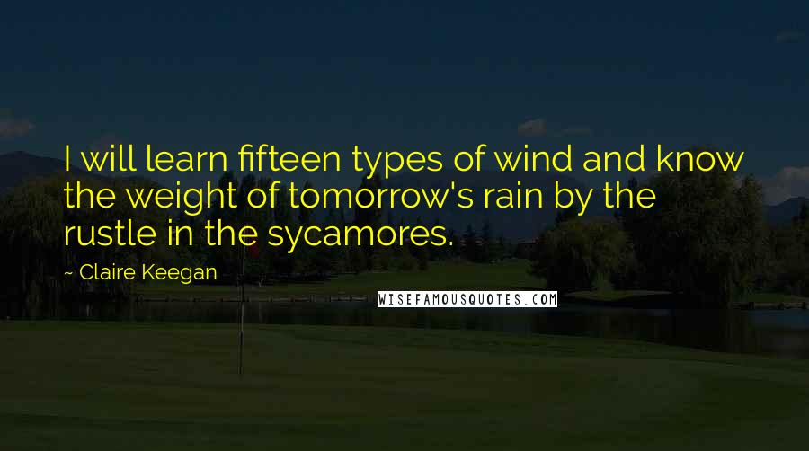 Claire Keegan Quotes: I will learn fifteen types of wind and know the weight of tomorrow's rain by the rustle in the sycamores.