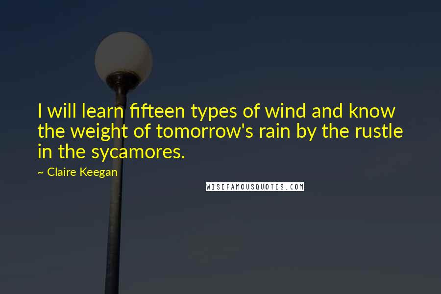 Claire Keegan Quotes: I will learn fifteen types of wind and know the weight of tomorrow's rain by the rustle in the sycamores.