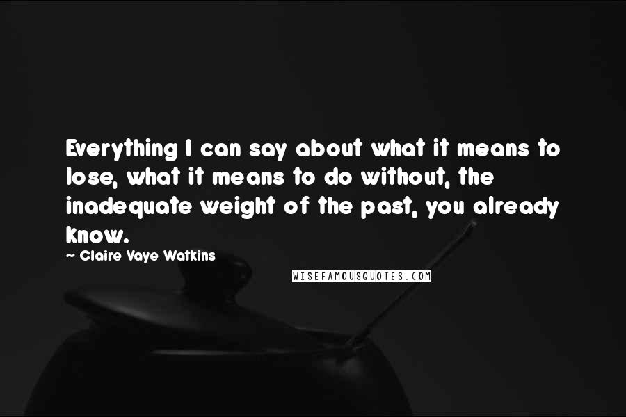 Claire Vaye Watkins Quotes: Everything I can say about what it means to lose, what it means to do without, the inadequate weight of the past, you already know.