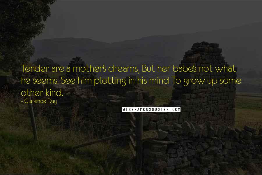 Clarence Day Quotes: Tender are a mother's dreams, But her babe's not what he seems. See him plotting in his mind To grow up some other kind.