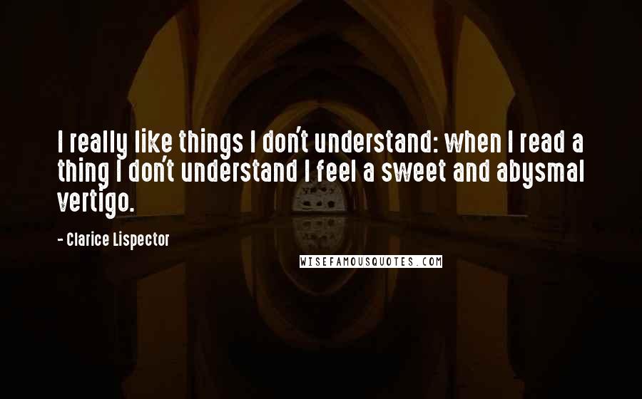 Clarice Lispector Quotes: I really like things I don't understand: when I read a thing I don't understand I feel a sweet and abysmal vertigo.