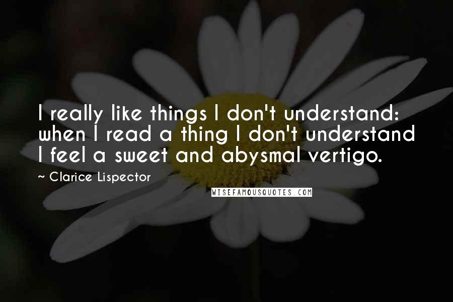 Clarice Lispector Quotes: I really like things I don't understand: when I read a thing I don't understand I feel a sweet and abysmal vertigo.