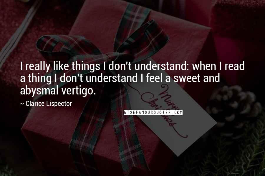 Clarice Lispector Quotes: I really like things I don't understand: when I read a thing I don't understand I feel a sweet and abysmal vertigo.