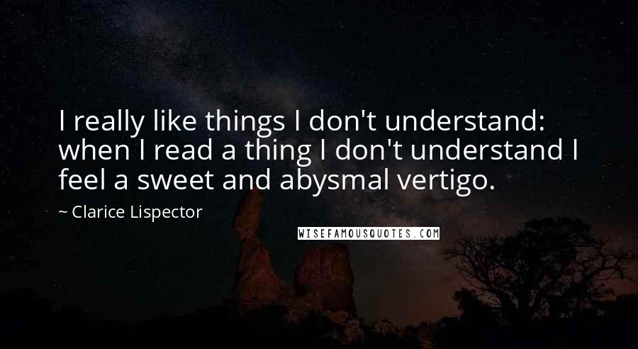 Clarice Lispector Quotes: I really like things I don't understand: when I read a thing I don't understand I feel a sweet and abysmal vertigo.