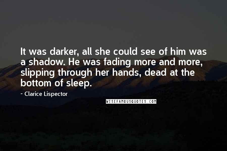 Clarice Lispector Quotes: It was darker, all she could see of him was a shadow. He was fading more and more, slipping through her hands, dead at the bottom of sleep.