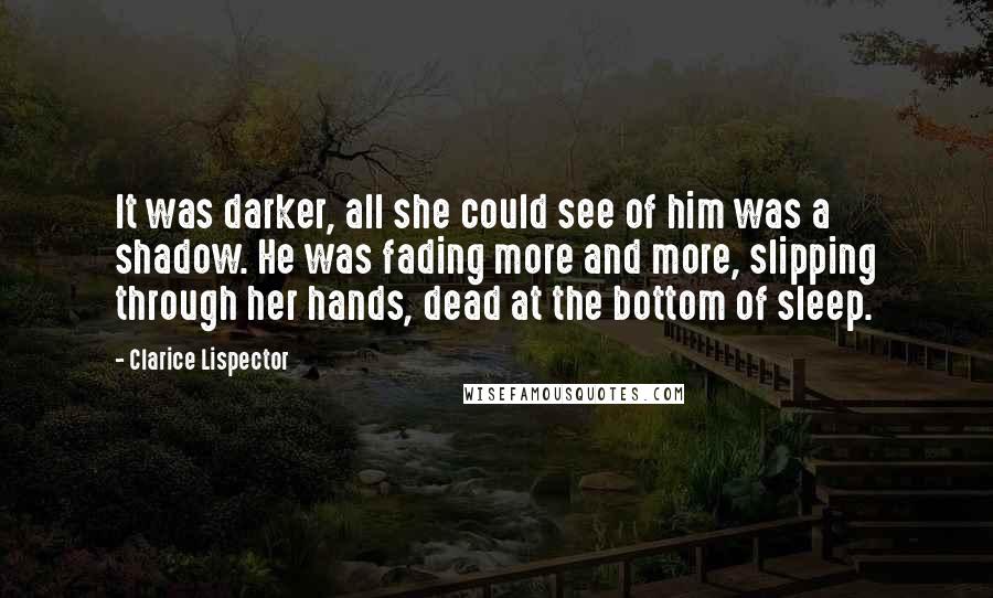 Clarice Lispector Quotes: It was darker, all she could see of him was a shadow. He was fading more and more, slipping through her hands, dead at the bottom of sleep.