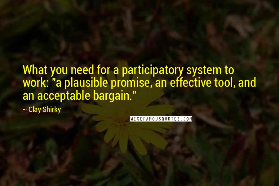 Clay Shirky Quotes: What you need for a participatory system to work: "a plausible promise, an effective tool, and an acceptable bargain."