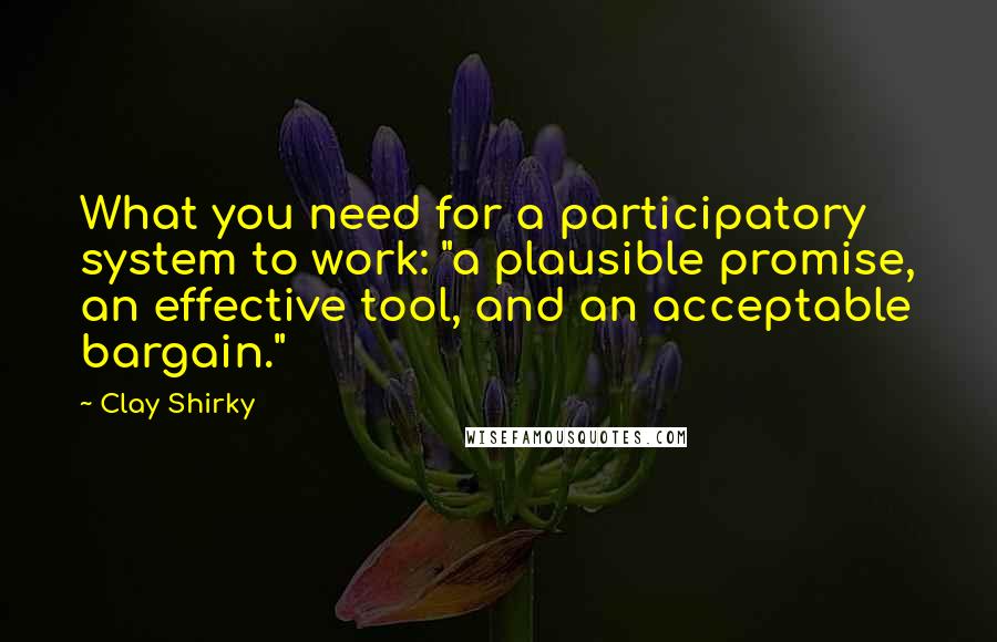 Clay Shirky Quotes: What you need for a participatory system to work: "a plausible promise, an effective tool, and an acceptable bargain."