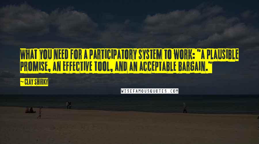 Clay Shirky Quotes: What you need for a participatory system to work: "a plausible promise, an effective tool, and an acceptable bargain."