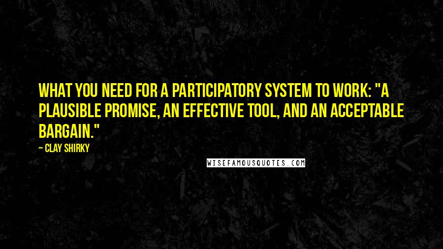 Clay Shirky Quotes: What you need for a participatory system to work: "a plausible promise, an effective tool, and an acceptable bargain."