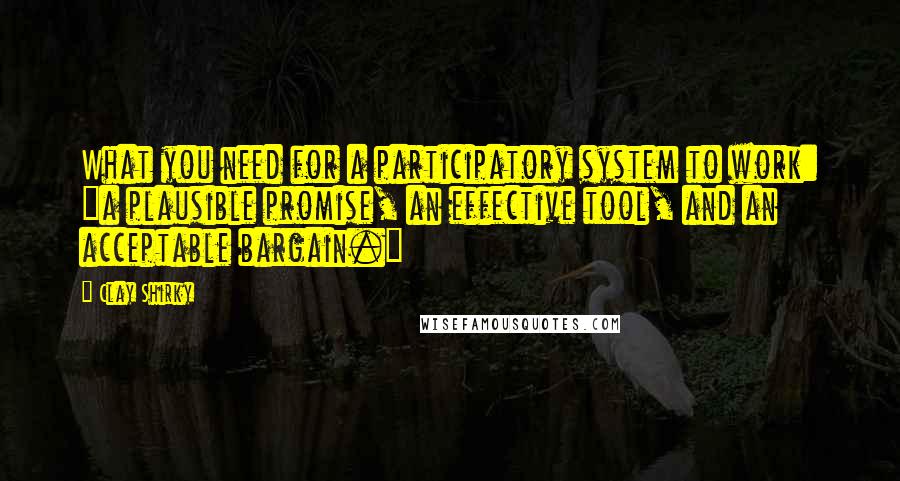 Clay Shirky Quotes: What you need for a participatory system to work: "a plausible promise, an effective tool, and an acceptable bargain."