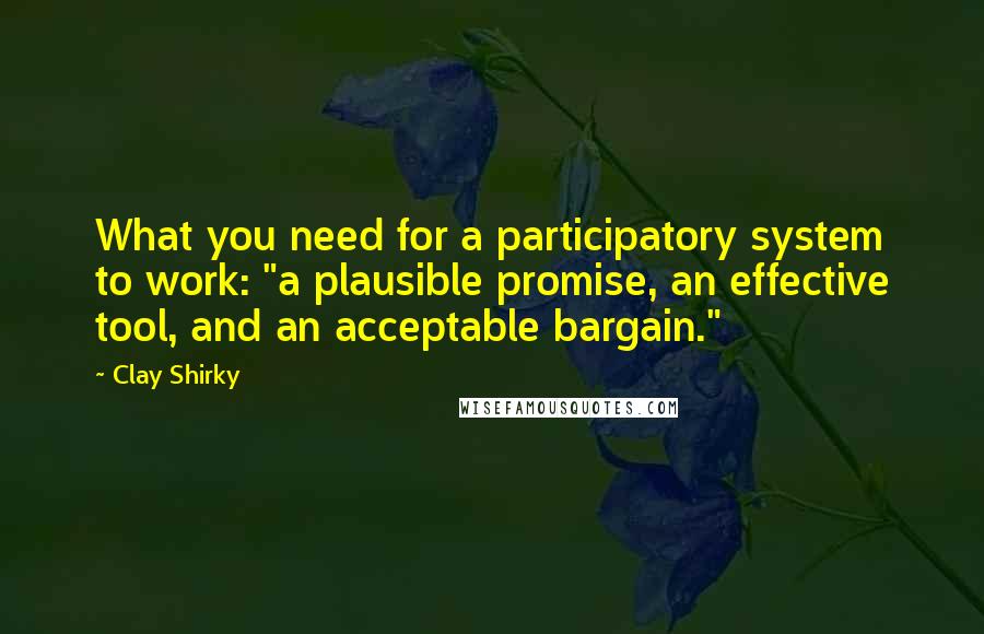 Clay Shirky Quotes: What you need for a participatory system to work: "a plausible promise, an effective tool, and an acceptable bargain."