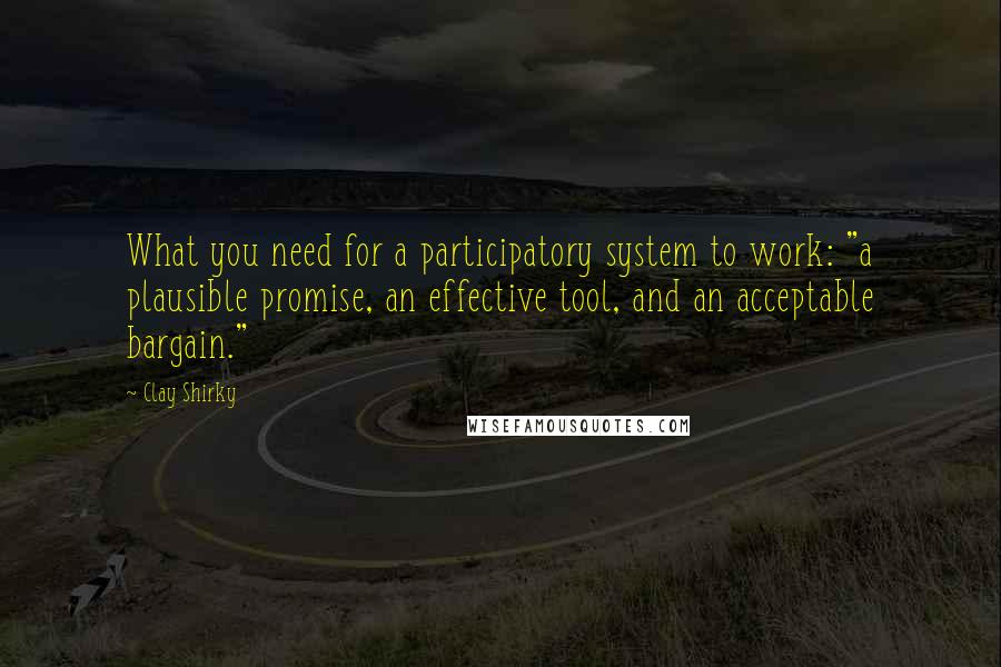 Clay Shirky Quotes: What you need for a participatory system to work: "a plausible promise, an effective tool, and an acceptable bargain."