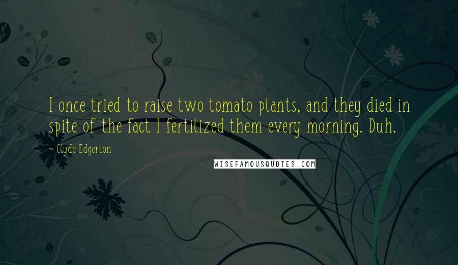 Clyde Edgerton Quotes: I once tried to raise two tomato plants, and they died in spite of the fact I fertilized them every morning. Duh.