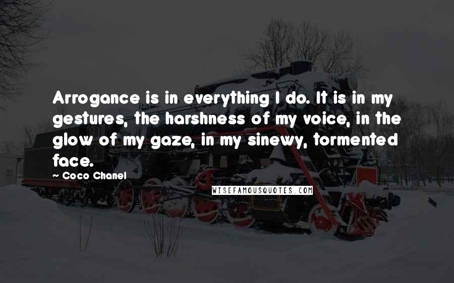 Coco Chanel Quotes: Arrogance is in everything I do. It is in my gestures, the harshness of my voice, in the glow of my gaze, in my sinewy, tormented face.