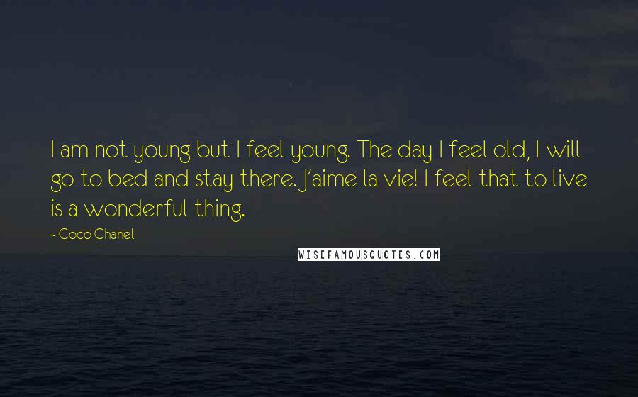 Coco Chanel Quotes: I am not young but I feel young. The day I feel old, I will go to bed and stay there. J'aime la vie! I feel that to live is a wonderful thing.