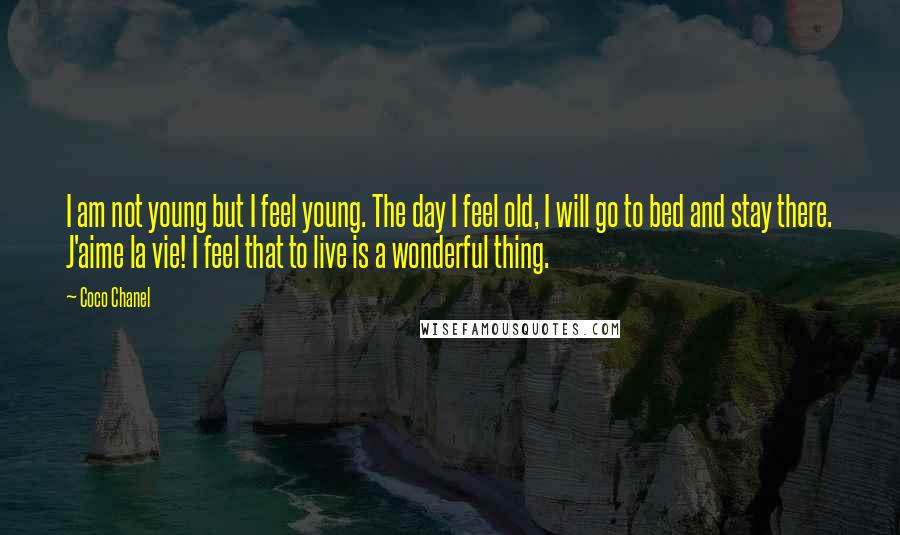 Coco Chanel Quotes: I am not young but I feel young. The day I feel old, I will go to bed and stay there. J'aime la vie! I feel that to live is a wonderful thing.