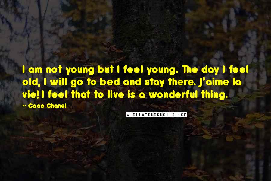 Coco Chanel Quotes: I am not young but I feel young. The day I feel old, I will go to bed and stay there. J'aime la vie! I feel that to live is a wonderful thing.