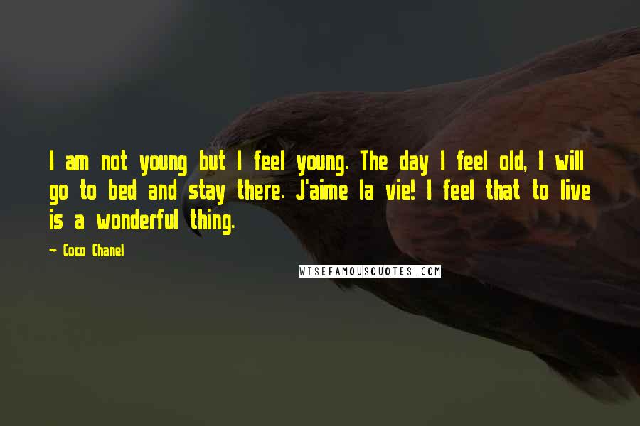 Coco Chanel Quotes: I am not young but I feel young. The day I feel old, I will go to bed and stay there. J'aime la vie! I feel that to live is a wonderful thing.