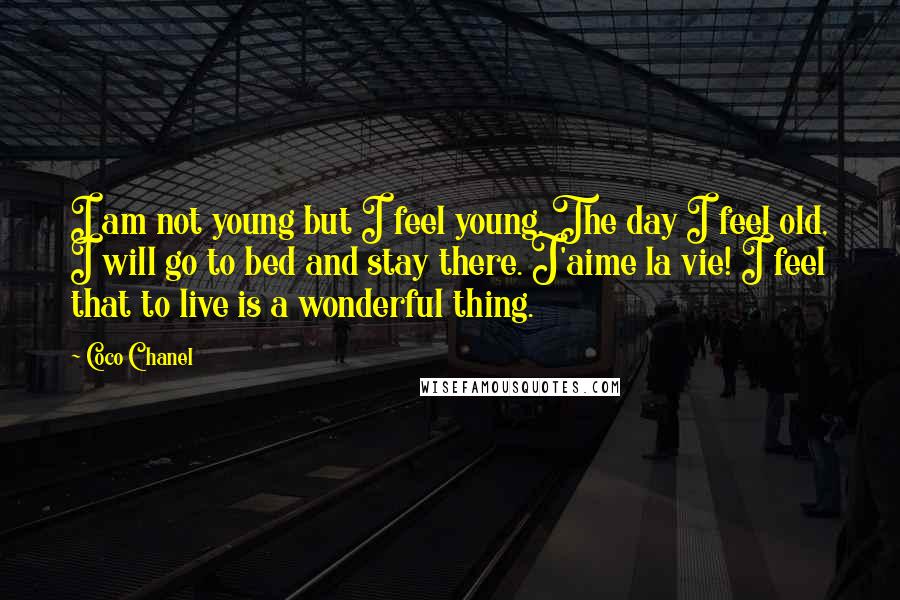 Coco Chanel Quotes: I am not young but I feel young. The day I feel old, I will go to bed and stay there. J'aime la vie! I feel that to live is a wonderful thing.