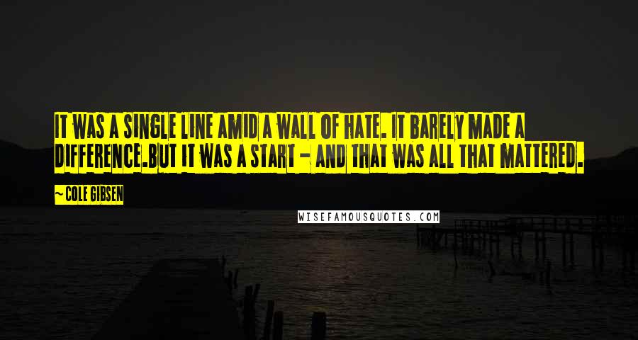 Cole Gibsen Quotes: It was a single line amid a wall of hate. It barely made a difference.But it was a start - and that was all that mattered.