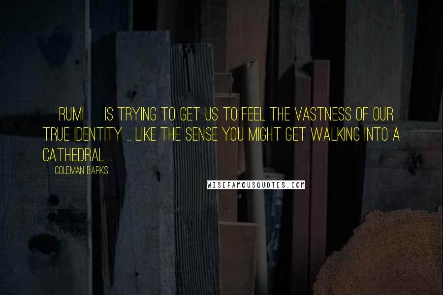 Coleman Barks Quotes: [Rumi] is trying to get us to feel the vastness of our true identity ... like the sense you might get walking into a cathedral ...